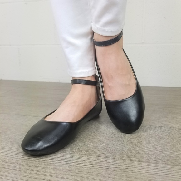 Round Toe Black Ankle Ballerina Flats - Picture 4 of 8